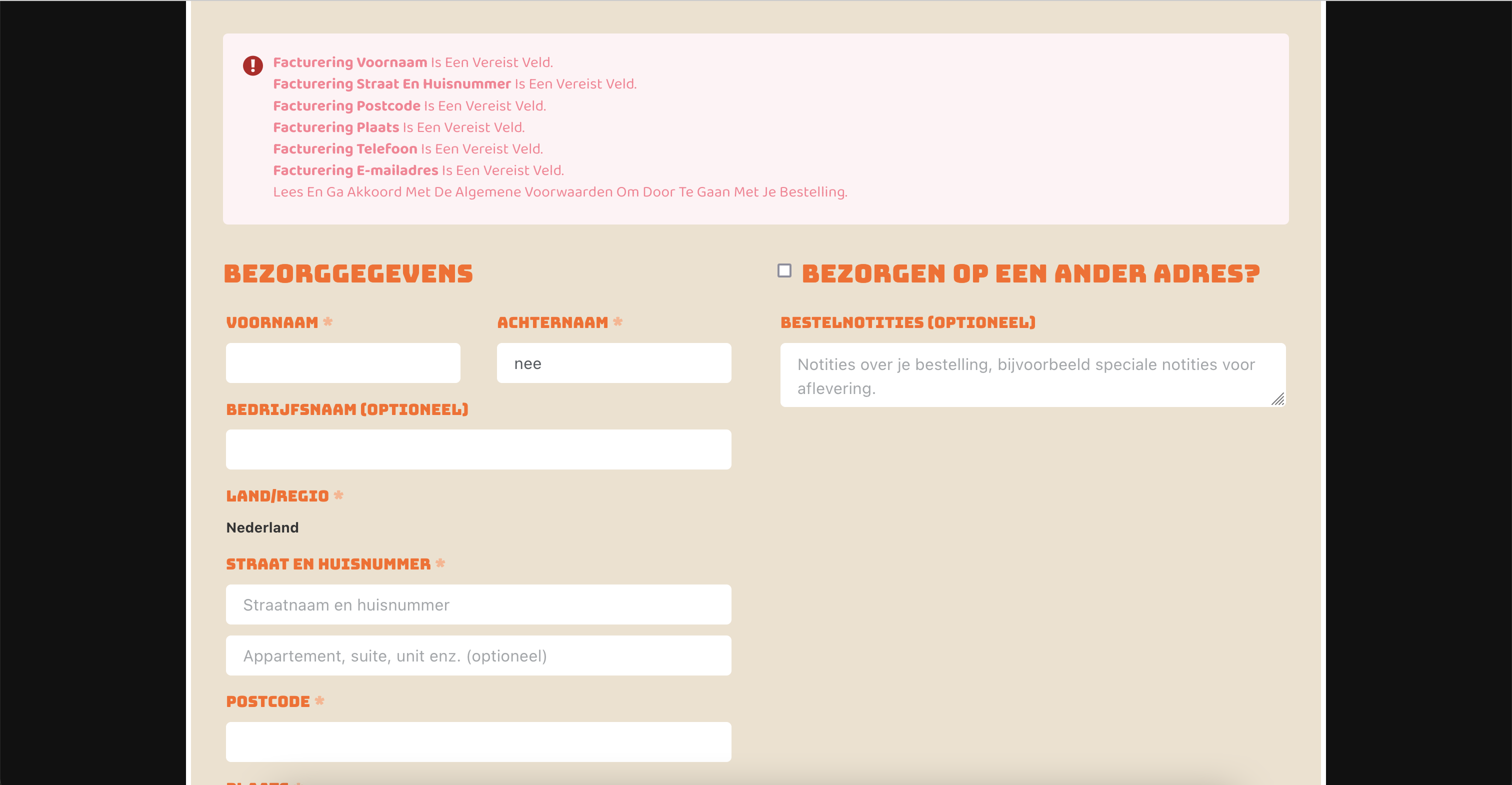 Een webpagina van Peukenzee over fout ingevulde velden.