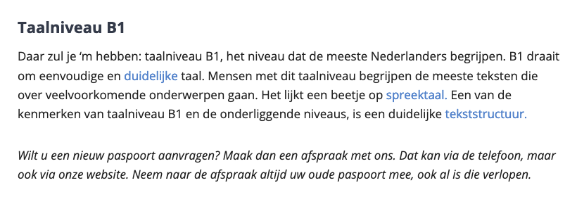Een webpagina van Vet Simpel over het Nederlands taalniveau B1.