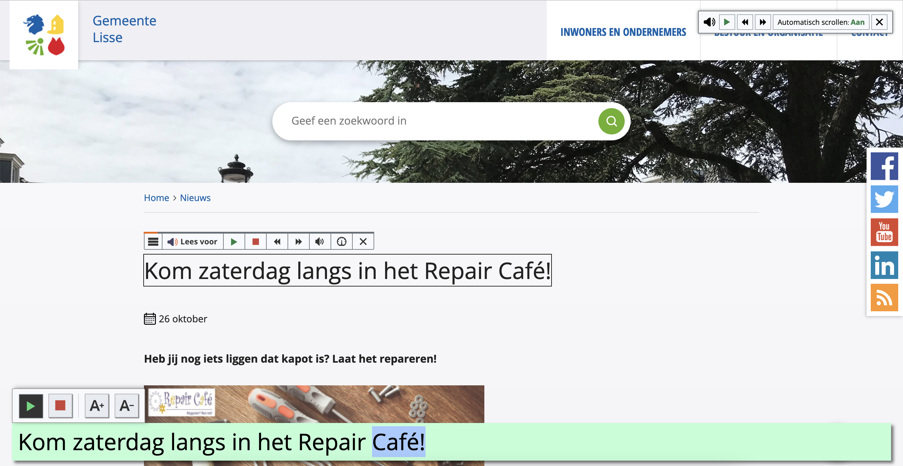 Een webpagina van gemeente Lisse met een gesproken tekst programma in uitvoering.